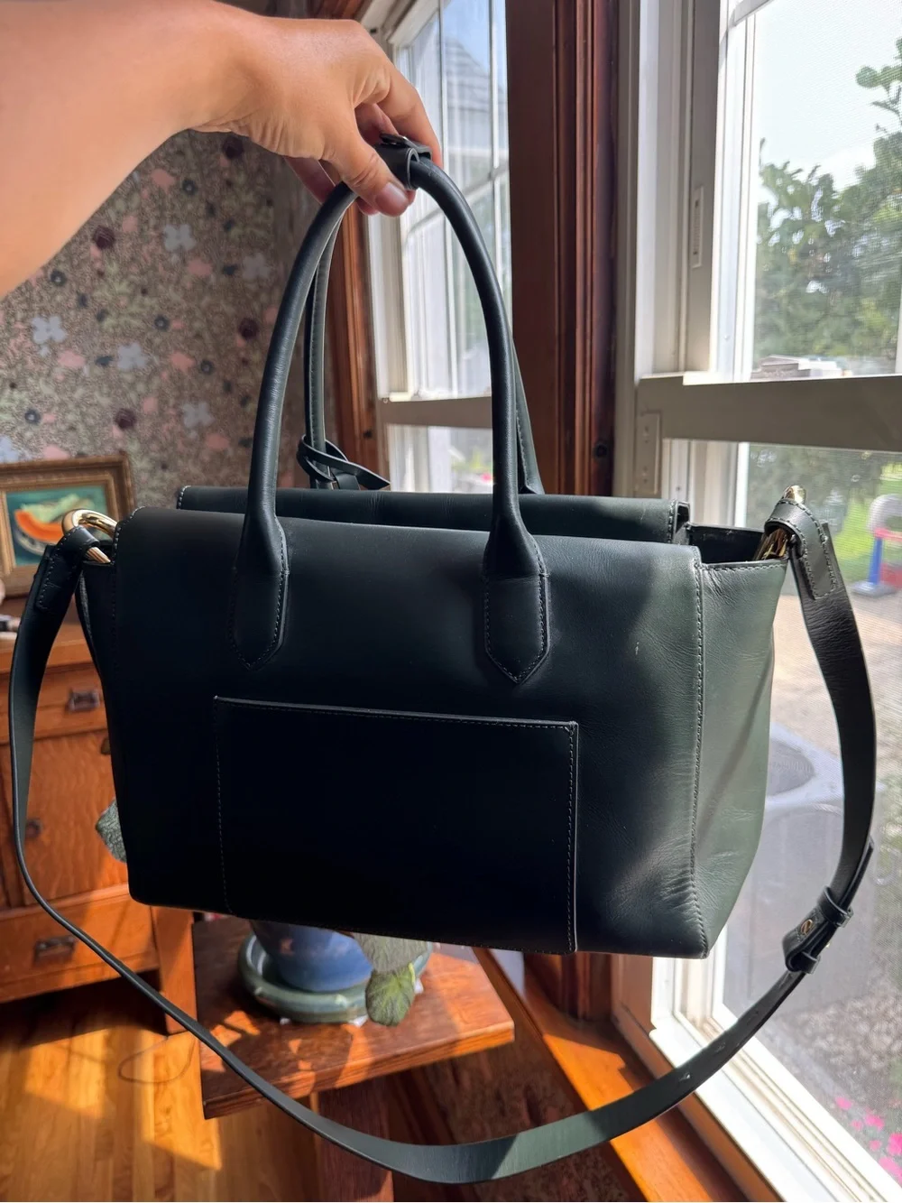 J. Crew Hunter Green Leather Satchel with Top Handles and Crossbody Strap